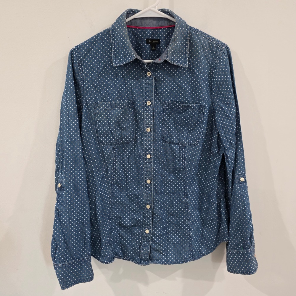 Talbots Womens Button Down Shirt Size 12 Blue Polka Dot Chambray Cottage
